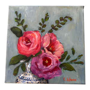 Roses Still Life Blue Willow Vase “Permission to Bloom” Original Painting by Kristin Ashman