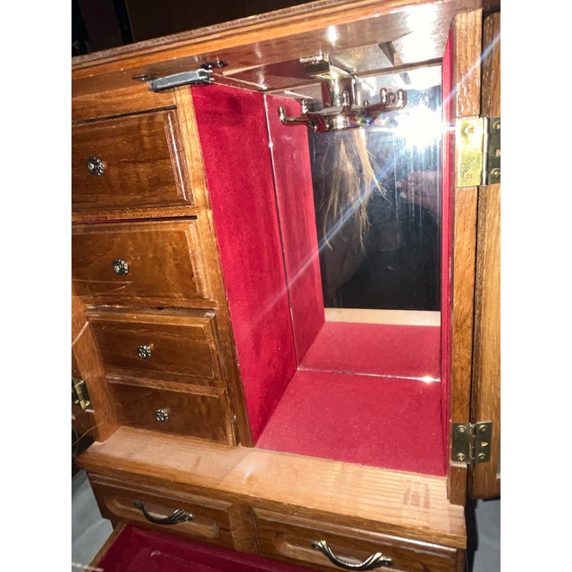 Large Vintage Jewelry Box Armoire Chest 16" Wood 2 Floral Rose Etched Glass Doors 5 Drawers Red Velvet Mirror Hooks Cottage Core For Sale - Image 10 of 10