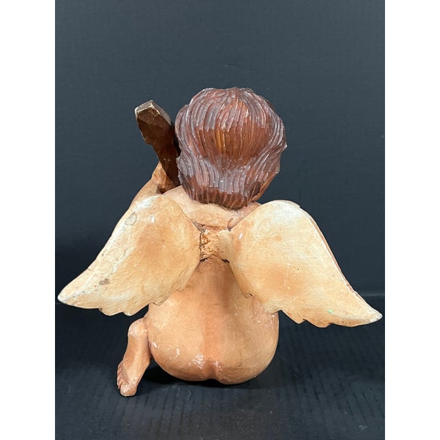 Wood Vintage Hand Carved Wooden Cherub Angel Glass Eyes and Playing a Mandolin Sculpture For Sale - Image 7 of 7