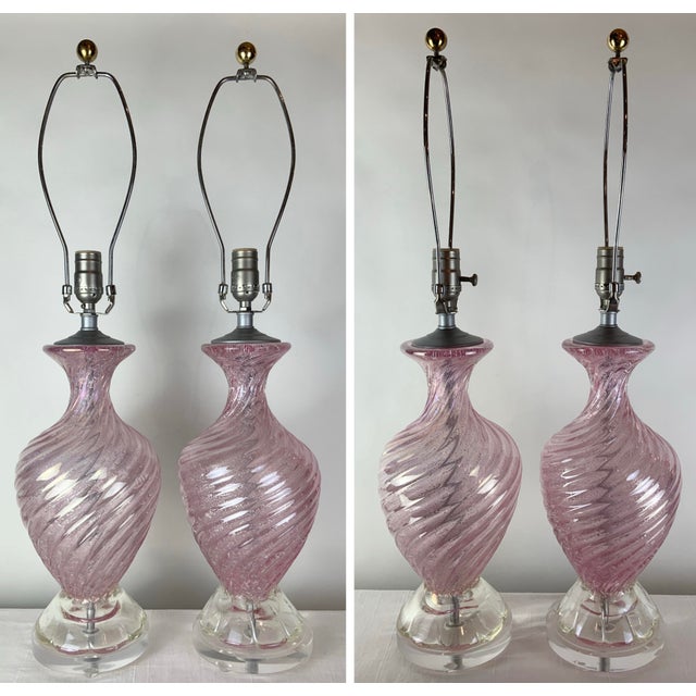 1950s Pair of 1950s Pink Murano Style Lamps With Custom Shades For Sale - Image 5 of 12