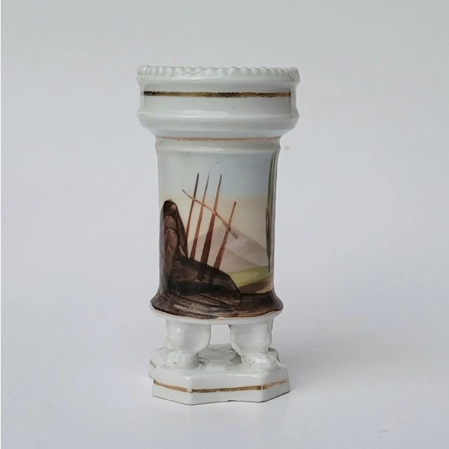 Old Paris Spill Vase with Pastoral Tuscan Scene and 4 Lion Paw Feet. Rook, column shaped Circa 1840 Hand painted scene of...