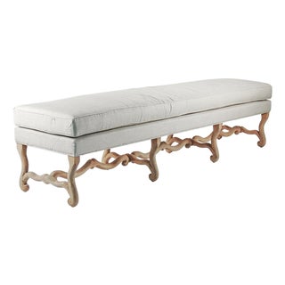 Cloris Bench with Carved Birchwood Base in Off-White Linen For Sale