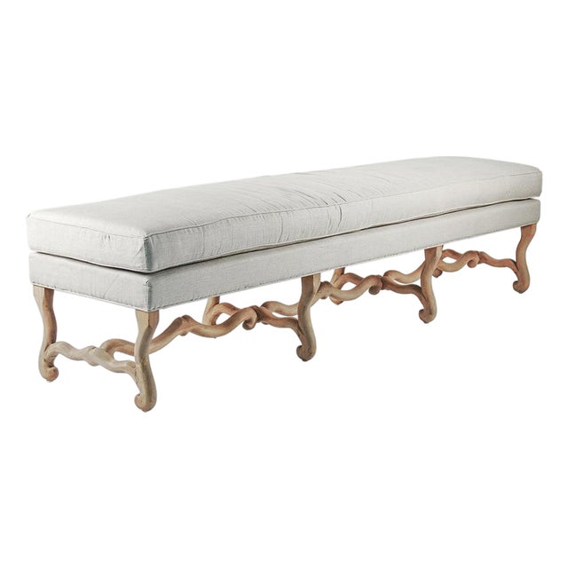 Cloris Bench with Carved Birchwood Base in Off-White Linen For Sale