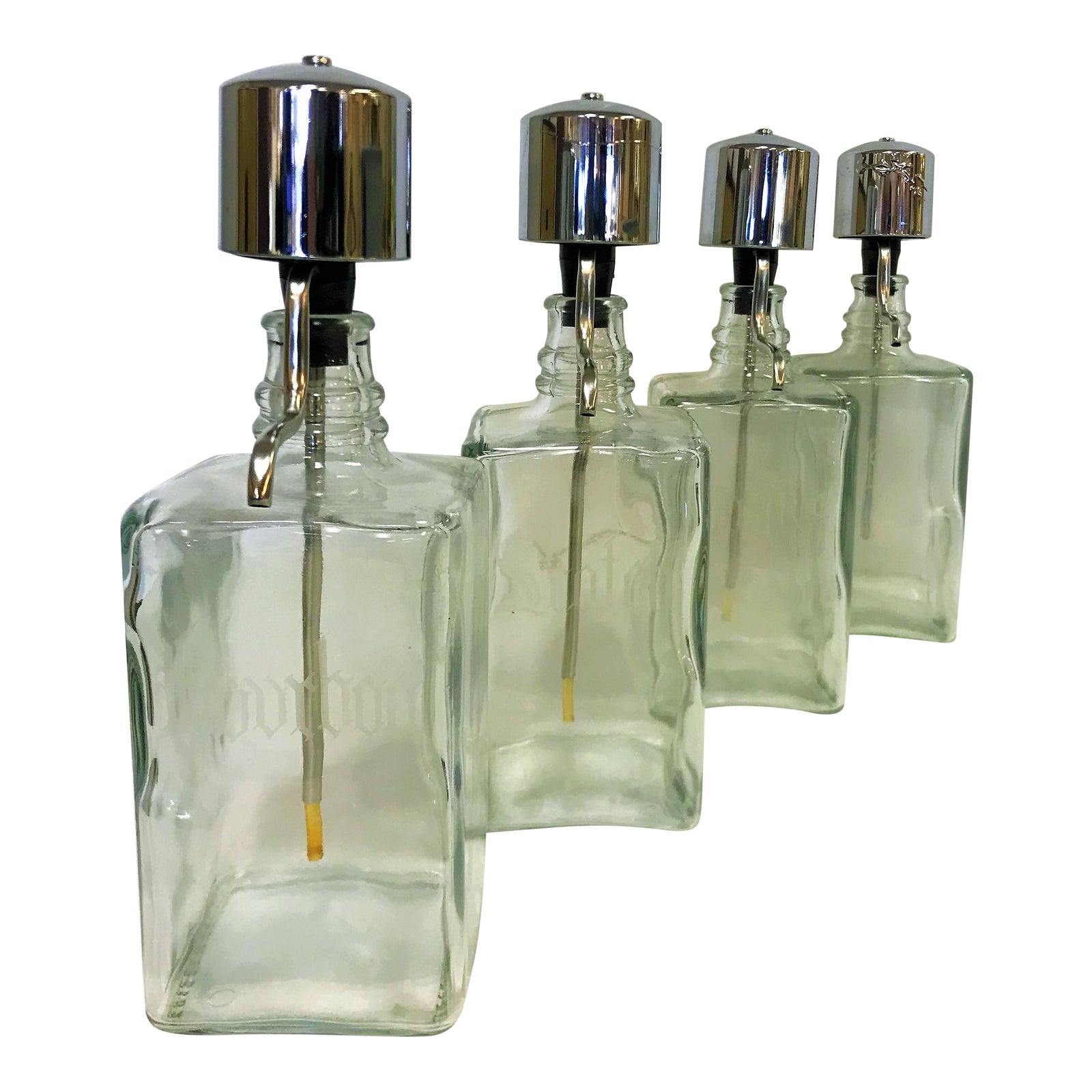 Mid Century Modern Etched Glass Decanters With Pumps Set of 4 Chairish