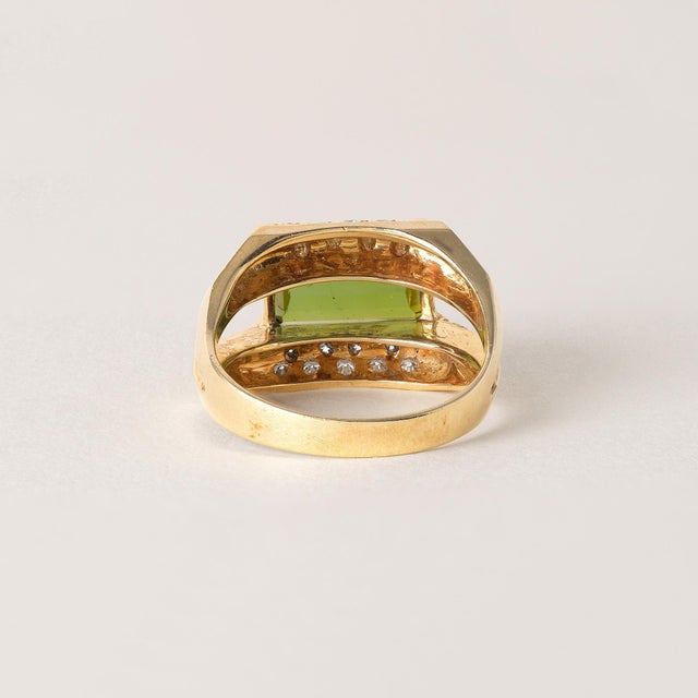 Mid 20th Century Estate 18k Gold Green Tourmaline Emerald Cut Diamond Pave Modernist Ring, Size 6.25 For Sale In Los Angeles - Image 6 of 7
