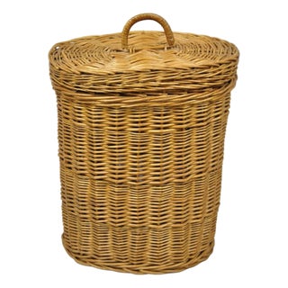 Vintage Mid Century Modern Handwoven Wicker Rattan Laundry Basket W Lid For Sale