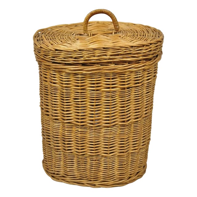 Vintage Mid Century Modern Handwoven Wicker Rattan Laundry Basket W Lid For Sale