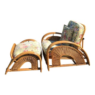 1980s Vintage Rattan Bamboo Palecek Reclining Lounger With Ottoman For Sale