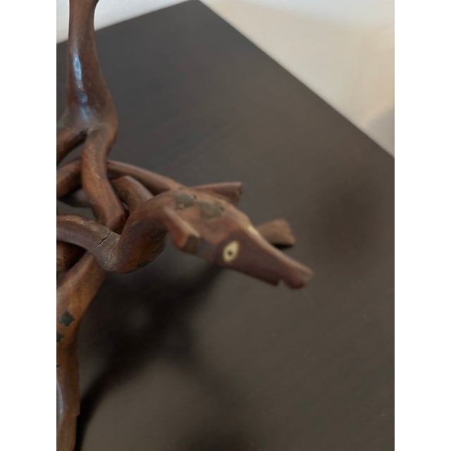 Hand‑Carved Hardwood Interlocking Serpent Tripod Stand For Sale - Image 4 of 6