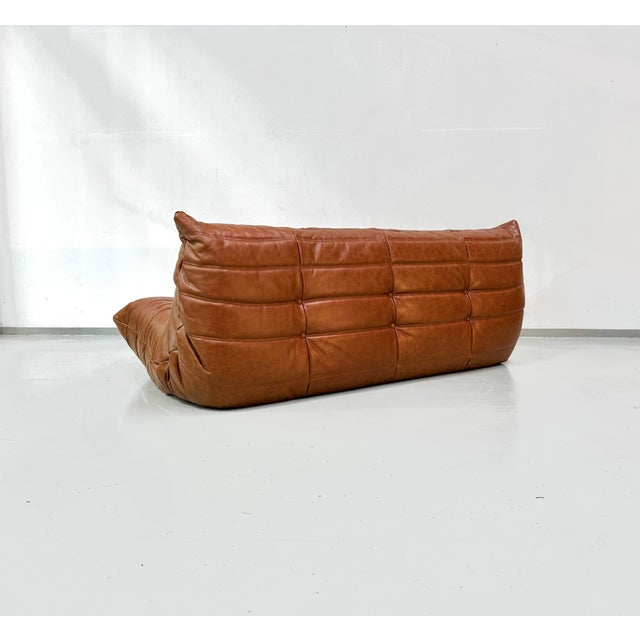 French Togo T3-Seater Sofa in Cognac Leather by Michel Ducaroy for Ligne Roset For Sale - Image 11 of 14