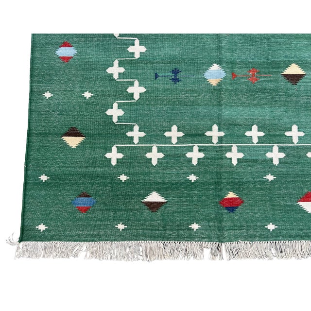 Handmade Cotton Area Rug, Vegetable Dyed, Forest Green Shooting Star Dhurrie -5'x7' For Sale - Image 13 of 13