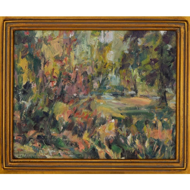 Contemporary post impressionist landscape painting with blossoming flowers in the foreground. Oil on canvas board...