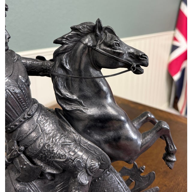 Metal Antique French Pair of Patinated Spelter Sculptures Knights on Horseback For Sale - Image 7 of 16