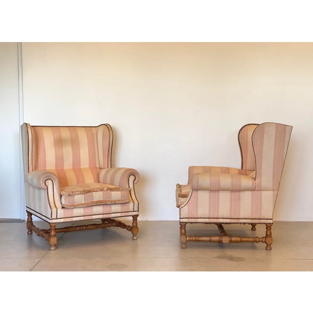Pair of Italian armchairs in 1960s Louis XIV style, oak wood and fabric structure, healthy padding but the fabric needs to...
