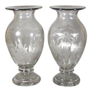 British Engraved Glass Vases - A Pair For Sale