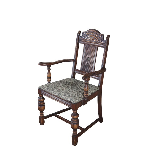 5 Vintage Jacobean style Dining Chairs by Bernhardt Furniture, circa 1930-40s. Features a carved crest rail over a pierced...