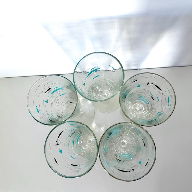 1960s Mid-Century Modern Atomic Fish Pilsner Beer Glasses, Libbey Glasses; Turquoise and Black W Platinum Trim; Set of 5 For Sale - Image 16 of 16