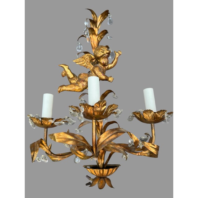 Pair of 29” Vintage Italian 3 Light Candelabra Wall Sconces W Prisms & Figural Cherubs In very nice original condition...