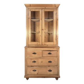 Antique English Pine Two-Piece Hutch With Glass Doors and Drawers For Sale