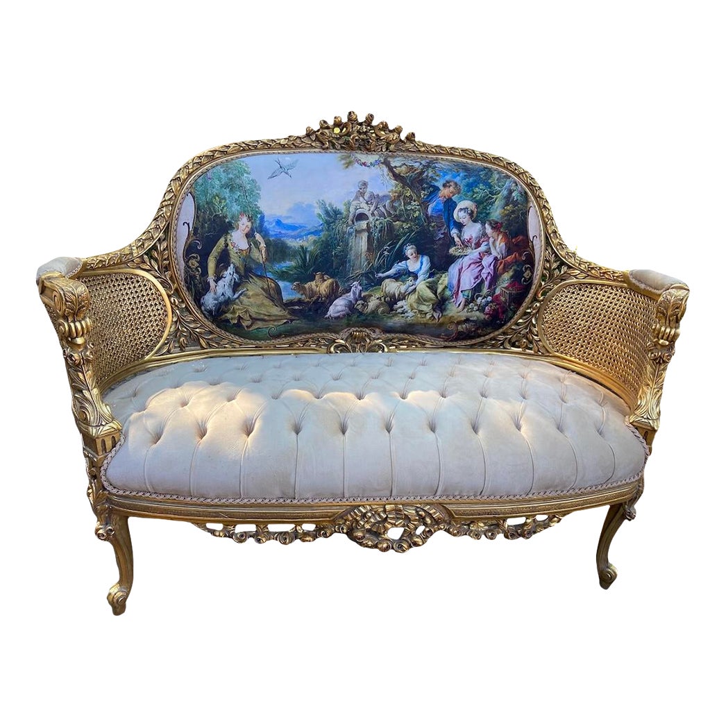 1950's Settee in French Louis XVI in Gold Leaf Beech and Tan Velvet