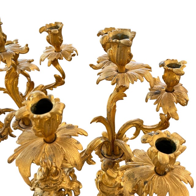 Metal 19th Century Pair of Louis XV Style Large Gilded Ormolu 5 Light Candelabras For Sale - Image 7 of 7