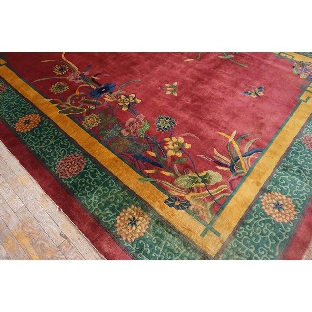 1920s Fuschia Floral Modern Antique Chinese Art Deco Rug 8'9" X 11'6" Handknotted Wool Carpet For Sale - Image 11 of 13