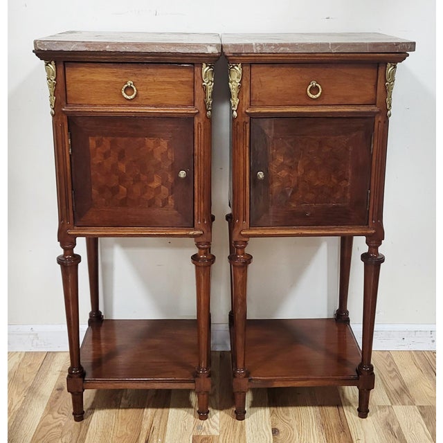French Pair French Louis XVI Parquetry Inlaid Bronze & Marble Top Nightstands For Sale - Image 3 of 18
