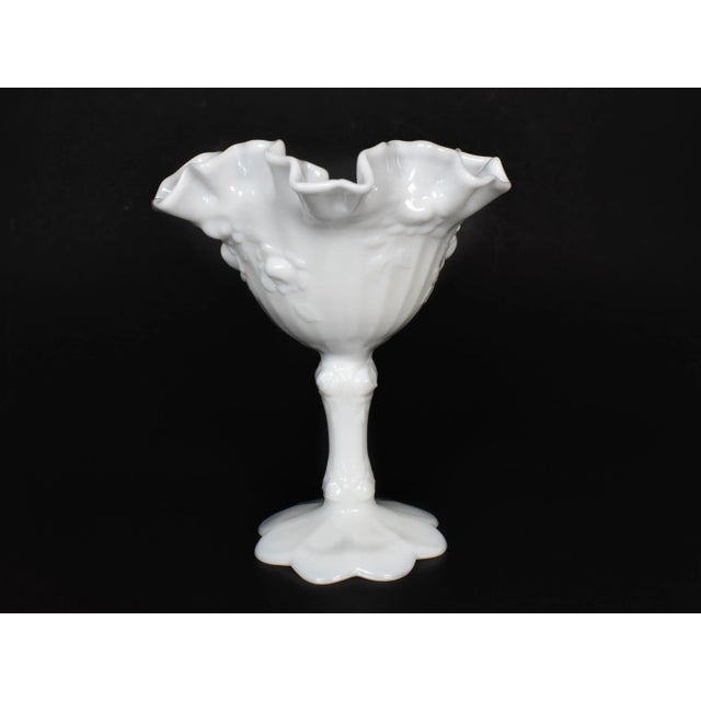 American Vintage Fenton Milk Glass Small Pedestal Bowl Comport Compot Ruffled Rose Design For Sale - Image 3 of 10