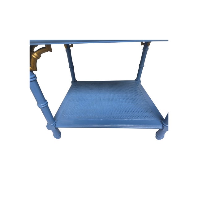 Altavista Lane 1970s Lane Altavista Wedgewood‑Blue Bamboo‑Style Table • Brass Brackets • Cane Shelf For Sale - Image 4 of 10