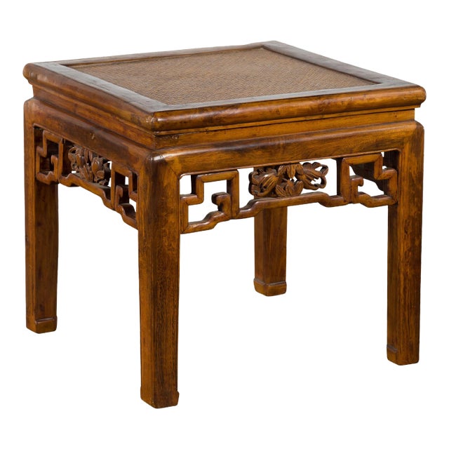 19th Century Chinese Qing Dynasty Rattan Top Side Table with Carved Apron For Sale