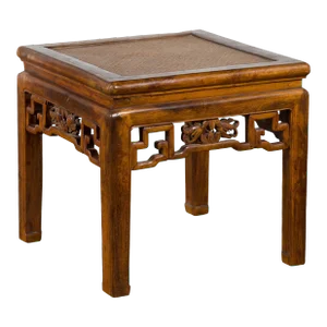 19th Century Chinese Qing Dynasty Rattan Top Side Table with Carved Apron