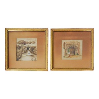 Antique Late 19th Century Architectural and Garden Watercolor Paintings - a Pair For Sale