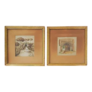 Antique Late 19th Century Architectural and Garden Watercolor Paintings - a Pair