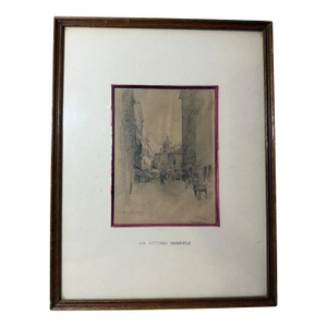 1930s Original via Vittorio Emanuele Cityscape Pencil Drawing Realism Tony G.