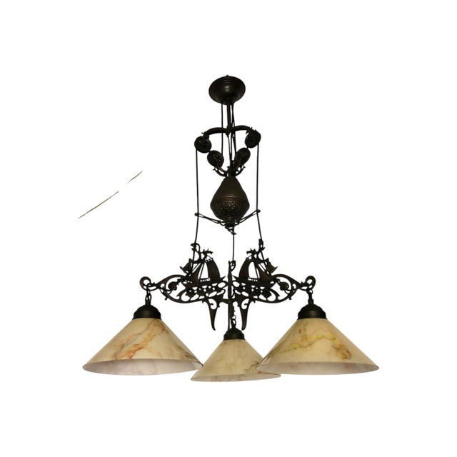 Metal Vintage Nautical Cast Iron Chandelier With Opaline Glass Shades – 3 Lights For Sale - Image 7 of 9