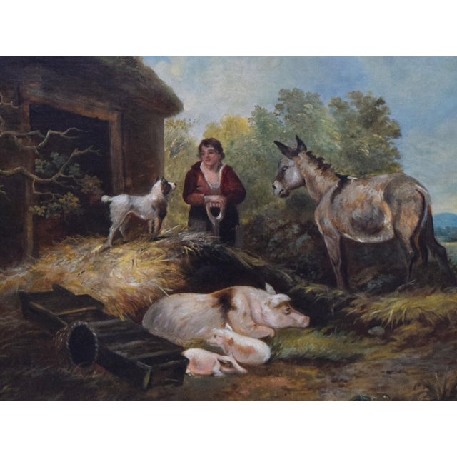 Large 19th Century Antique Barnyard Landscape Scene in the Manner of George Moreland For Sale - Image 4 of 6