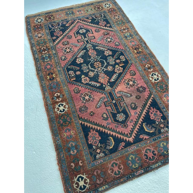 Textile Tribal Rug with COPPER Border, Pinks, Deep Blues & Salmon 3.3 x 5.8 For Sale - Image 7 of 11