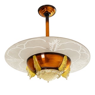 Art Deco Pendant Light with Amber Glass and Etched Glass Disc, 1920s For Sale
