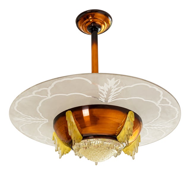 Art Deco Pendant Light with Amber Glass and Etched Glass Disc, 1920s For Sale