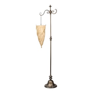 Antiqued Brass Moroccan Style Floor Lamp & Floral Shade For Sale