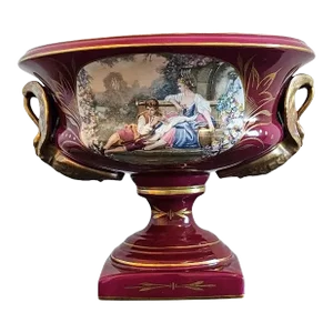 French Limoges Porcelain Burgundy Gilt Centerpiece Fruit Bowl Vase With Transferware Medallions After Jean-Honoré Fragonard