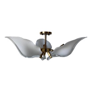 1970s Hollywood Regency Franco Luce Murano Calla Lily Glass & Brass Chandelier, Italy For Sale