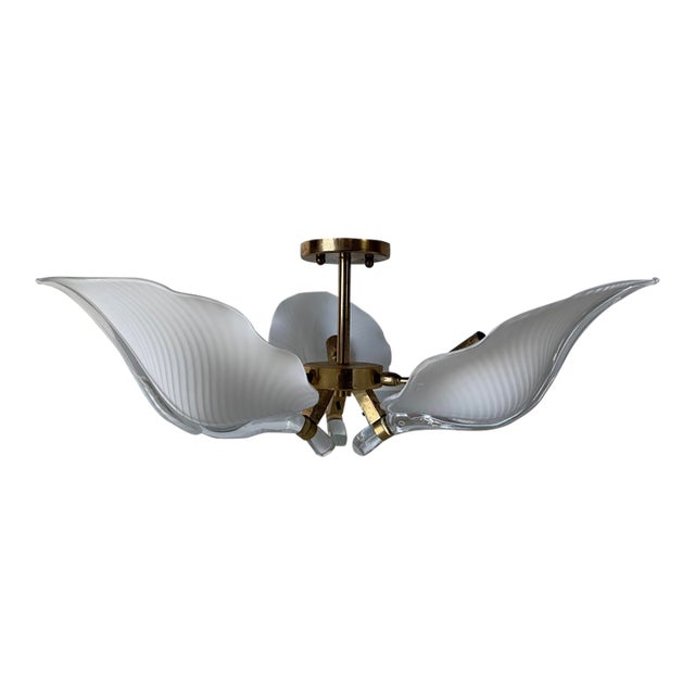 1970s Hollywood Regency Franco Luce Murano Calla Lily Glass & Brass Chandelier, Italy For Sale