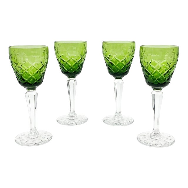 Green Cut-to-Clear Crystal Glasses with Ubique Geometric and Floral Etching, 1960s, Set of 4 For Sale