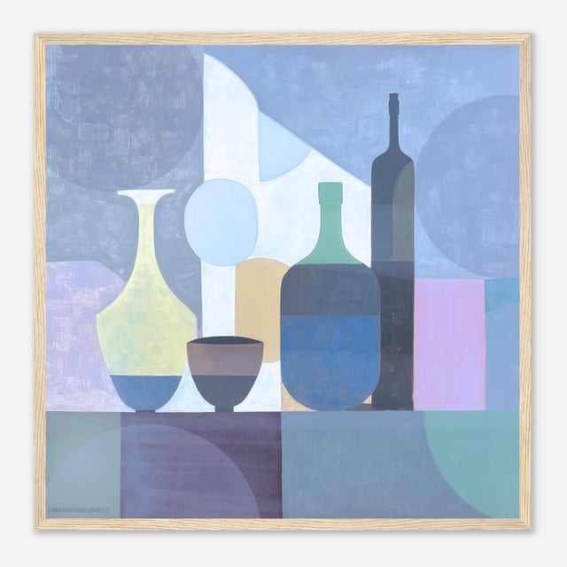 Mid century modern still life is an original artwork by P. L. Bradbury. A cool palette in blue tones, greens, and violet...