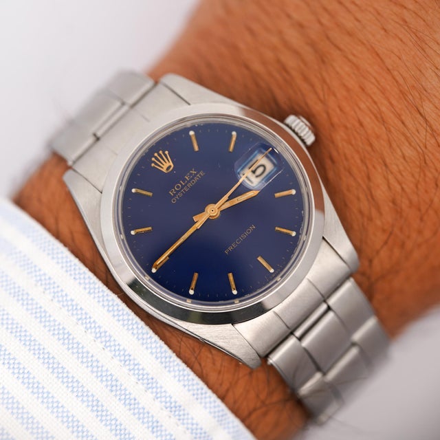 Contemporary Rolex Oysterdate Precision Ref. 6694 Blue Dial 34mm Stainless Steel Wristwatch For Sale - Image 3 of 11