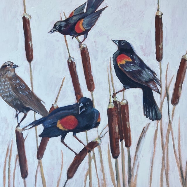 Original 22 x 22.75 painting on wood panel overall size with antique frame is 28 x 28.5 titled “Redwing Blackbirds &...