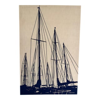 Vintage Marüshka Navy Blue Sailboats Nautical Screen Print on Canvas For Sale