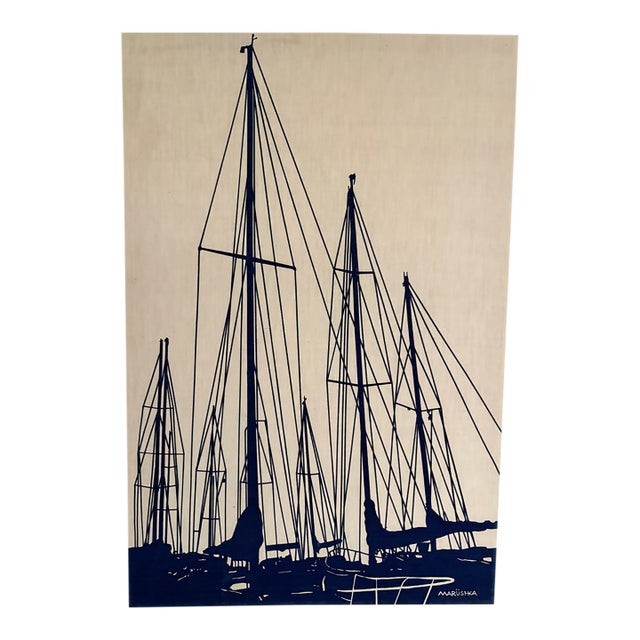 Vintage Marüshka Navy Blue Sailboats Nautical Screen Print on Canvas For Sale