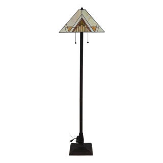 1980s Mission Arts & Crafts Style Floor Lamp W. Art Glass Shade For Sale